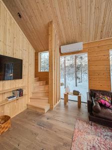 a living room with a couch and a television at Kimmelvilla Pyhä - Ski-in, modern design and spectacular scenery in Pyhätunturi