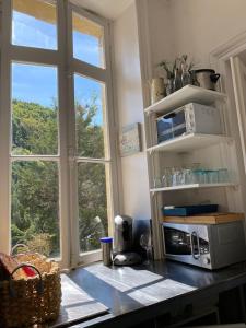 uma cozinha com um balcão com um micro-ondas e uma janela em 3 Pieces BORD DE MER- Trouville em Trouville-sur-Mer