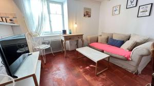 ラ・クアルド・シュル・メールにあるCharmante maison de village typique rhétaiseのソファとテレビのあるリビングルーム