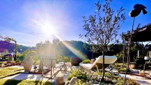 einen Garten mit Sonne am Himmel in der Unterkunft Guest Apartment Seeland 