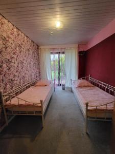 two beds in a room with a red wall at Hani's Home Gruppenunterkunft in Verl
