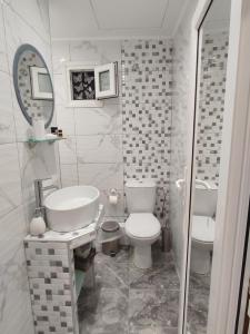 a bathroom with a toilet and a sink and a mirror at KSP1STUDIO in Perea
