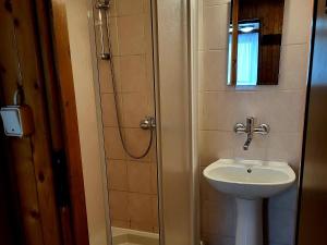 a small bathroom with a sink and a shower at Domek w Górach in Korbielów