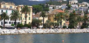 a city with palm trees and buildings and a body of water at Acquamarina in Rapallo