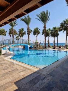 a swimming pool with palm trees and the ocean at Simos Magic Beach Hotel Apts in Ayia Napa