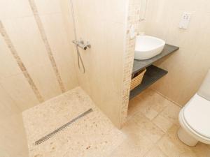 a bathroom with a shower with a toilet and a sink at Sutton Newbold Cottage in Trimdon Grange