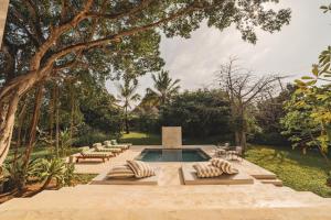 a pool with chaise lounges and chairs in a garden at Bamboo House B&B in Malindi