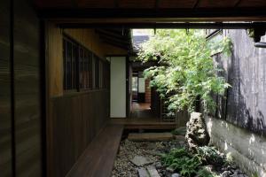 einen Flur eines Hauses mit einem Baum in der Unterkunft 古民家の宿宰嘉庵 TraditionalJapaniseHotel Saikaan in Maizuru
