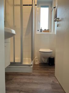 ein Badezimmer mit Dusche und Toilette in der Unterkunft Rosenhus 5 in Horumersiel + 4 Fotos