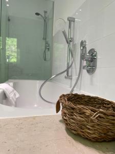 a bathroom with a shower and a bath tub with a shower at SUNSET Apartment direkt am Bodensee mit Parkplatz in Lochau