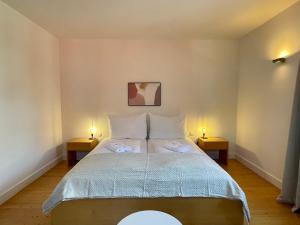a bedroom with a bed with two lamps on two tables at Studio im Zentrum von Lochau, #1 in Lochau