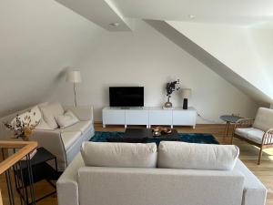 un soggiorno con divano bianco e TV di VINCENT Loft in der Innenstadt a Bregenz