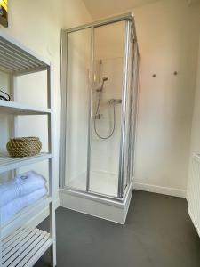 La salle de bains est pourvue d'une douche et d'une cabine de verre. dans l'établissement Studio im Zentrum von Lochau, #3, à Lochau