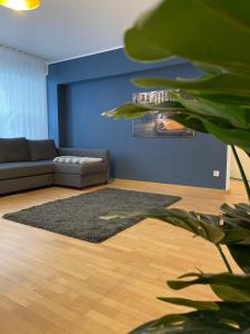 a living room with a couch and a rug at Stylische Wohnung mitten in der Stadt Bregenz in Bregenz