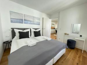 a bedroom with a large bed and a television at VINCENT Apartment in Bregenz mit Parkplatz in Bregenz