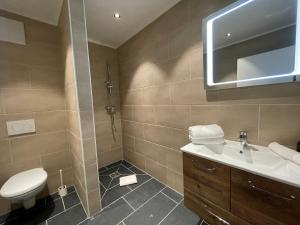 een badkamer met een toilet, een wastafel en een spiegel bij International House Sölden Apartment mit 1 Schlafzimmern ZW AP 5 in Sölden
