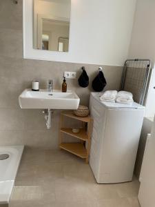 een badkamer met een wastafel en een wasmachine bij Maurerhaus Deluxe Studio, Top 2 in Hohenweiler