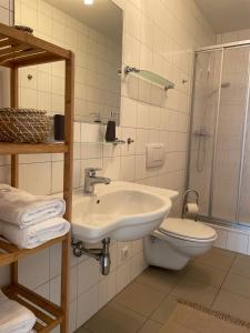 e bagno con lavandino, servizi igienici e doccia. di Studio im Zentrum von Lochau, #5 a Lochau
