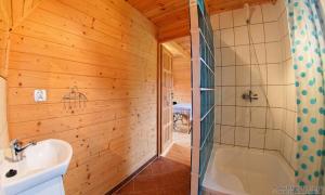 a bathroom with a shower and a sink and a tub at Rodzinne Wczasy pod Gruszą in Gąski