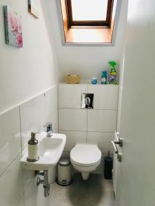 La petite salle de bains est pourvue de toilettes et d'un lavabo. dans l'établissement Am Hügel Apartment, à Pörtschach am Wörthersee