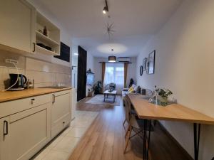 a kitchen with a counter and a table in it at Apartment 12-09 in Bajina Bašta