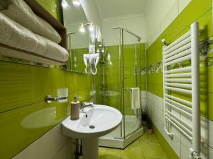 baño verde con lavabo y ducha en Vila Speranta, en Pleşcoi