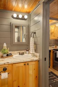uma casa de banho com um lavatório e um espelho em Gabriele Cabin Rustic Retreat Near Downtown em Chattanooga
