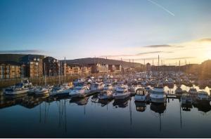 Un montón de barcos están atracados en un puerto en Swansea Marina apartment en Swansea