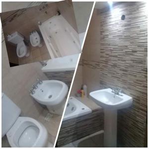 four pictures of a bathroom with a sink and a toilet at Tusvacaciones in Necochea