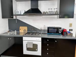 a small kitchen with a stove and a microwave at Nel Pieno Centro Storico [Tutto a Due Passi] in Casale Monferrato