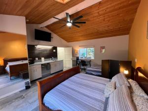 1 dormitorio con 1 cama y ventilador de techo en Guest Suite Torrey Pines Golf, Salk, Scripp, Ucsd, en San Diego