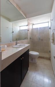 a bathroom with a sink and a toilet and a shower at Guest Green Granada. in Mexico City