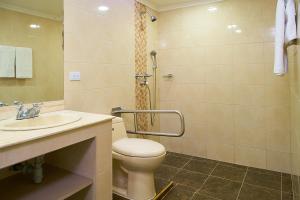 ein Bad mit einem WC, einem Waschbecken und einer Dusche in der Unterkunft Apartahotel Fiorentina Boutique in Medellín