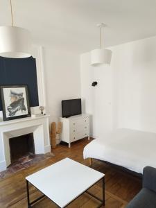 uma sala de estar branca com uma televisão e uma lareira em ROMANESCO em Rennes