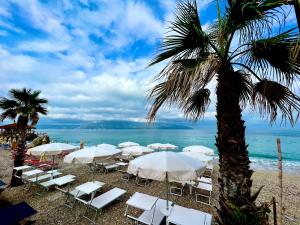 a beach with white chairs and a palm tree at Hotel Tramonto Vlore in Vlorë