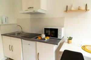 a small kitchen with a sink and a microwave at STOCKHOLM- Studio Sérénité avec jardin in Charleville-Mézières