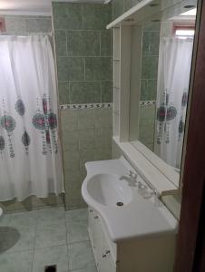 La salle de bains est pourvue d'un lavabo, d'une douche et d'un miroir. dans l'établissement Casa Grande, à Las Grutas
