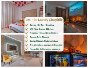 un collage de photos d'une chambre d'hôtel avec un menu dans l'établissement Luxury Cinephile - Netflix - 2 Balcons - Garage Privé - Minibar, à Grenoble