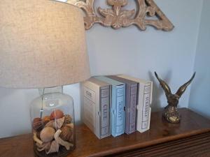 a table with a lamp and books on a shelf at Dunes Suite (Work Friendly) in Florence