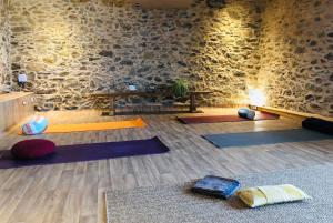 a room with a yoga room with a stone wall at Fenêtre sur les Pyrénées in Soulan