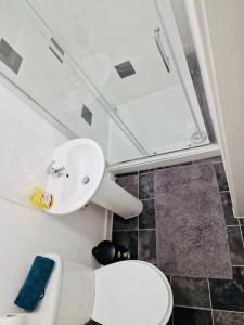 La salle de bains est pourvue de toilettes blanches et d'un lavabo. dans l'établissement 1Bed Downtown Apt near Anfield Stadium, à Liverpool