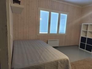 um quarto com uma cama e duas janelas em Omakotitalo maaseudulla lähellä Lahtea em Orimattila