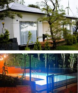 dos fotos de una casa y una piscina en Peakaavu Cottages, en Idukki