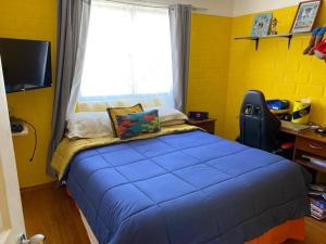 a bedroom with a blue bed with a window and a desk at Amplio y agradable espacio familiar para vacaciones in Coquimbo
