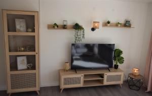 a flat screen tv sitting on a stand in a living room at Schwieberdinger Sonnenterrassen-Wohnung in Schwieberdingen