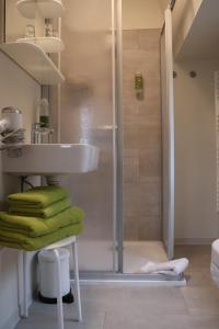 a bathroom with a shower and a sink at Pension Dürkop in Havelberg