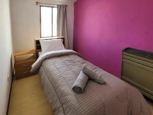1 dormitorio con 1 cama con pared de color rosa en Hostel Tierra Patagónica en Perito Moreno