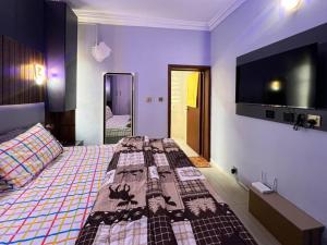 a bedroom with a bed and a flat screen tv at Fey Pad in Lagos