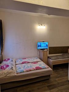a bedroom with a bed and a flat screen tv at Bem Downtown Apartment in Debrecen