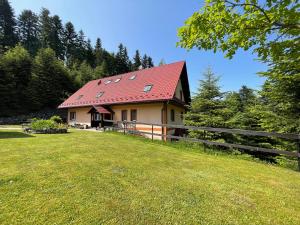 ein Haus mit rotem Dach auf einem grünen Feld in der Unterkunft Willa Arga in Piwniczna-Zdrój